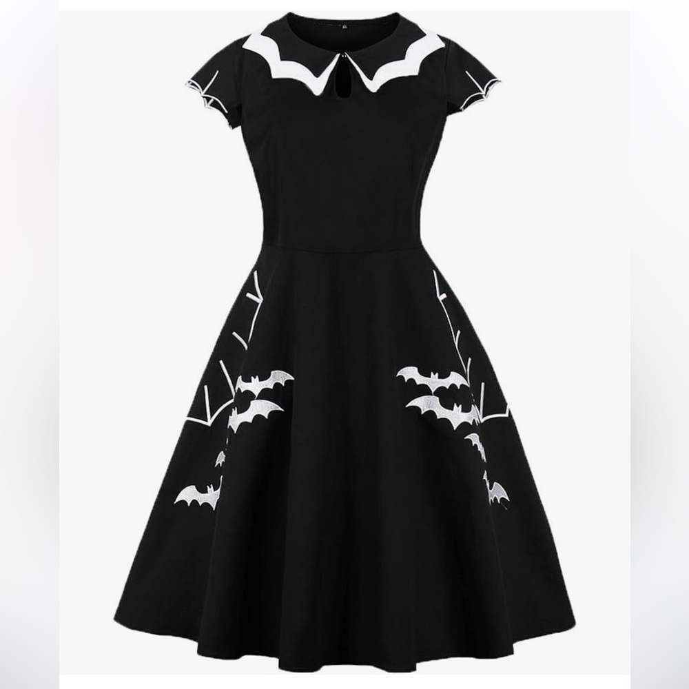 Bat Spider Web Embroidery Halloween Vintage Dress, Size XL
